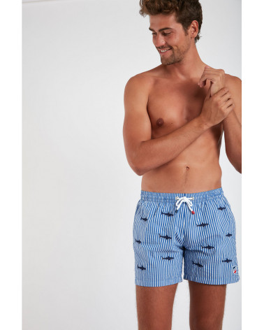 SHORT DE BAIN BLEU A RAYURES BRODERIE SHARK