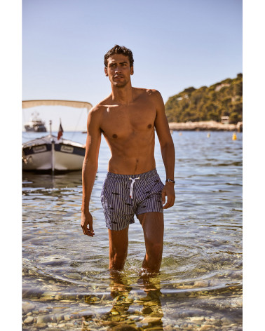 SHORT DE BAIN BLEU A RAYURES BRODERIE SHARK