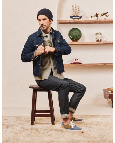 Alexandre - Toile bleu gris, beige et kaki