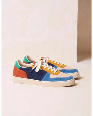 Arthur - Suède et mesh bleu gris, écru moutarde