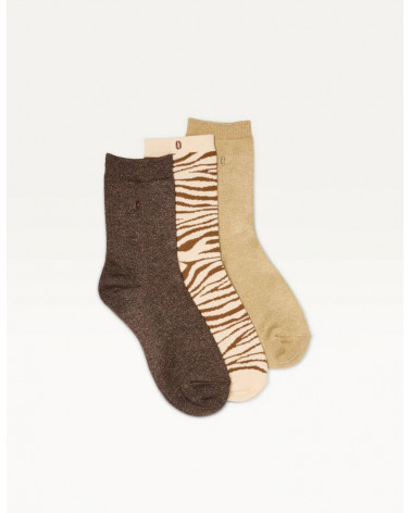 Pack de 3 Chaussettes Fantaisie paillettes et zèbre marron doré