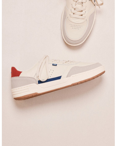 Mael - Cuir recyclé et suède vegan ecru marine rouge